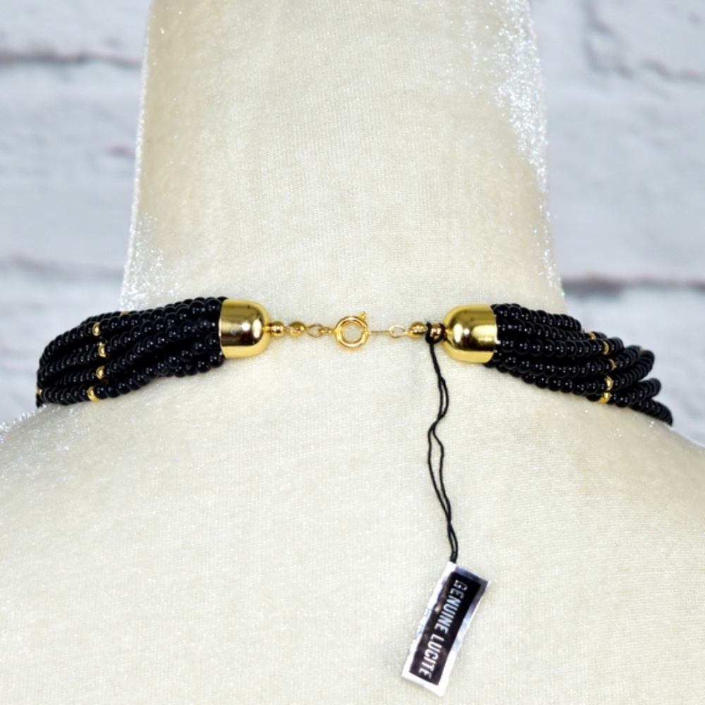 Multi Strand Black and Gold Lucite Bead Necklace - Picture 2 of 8